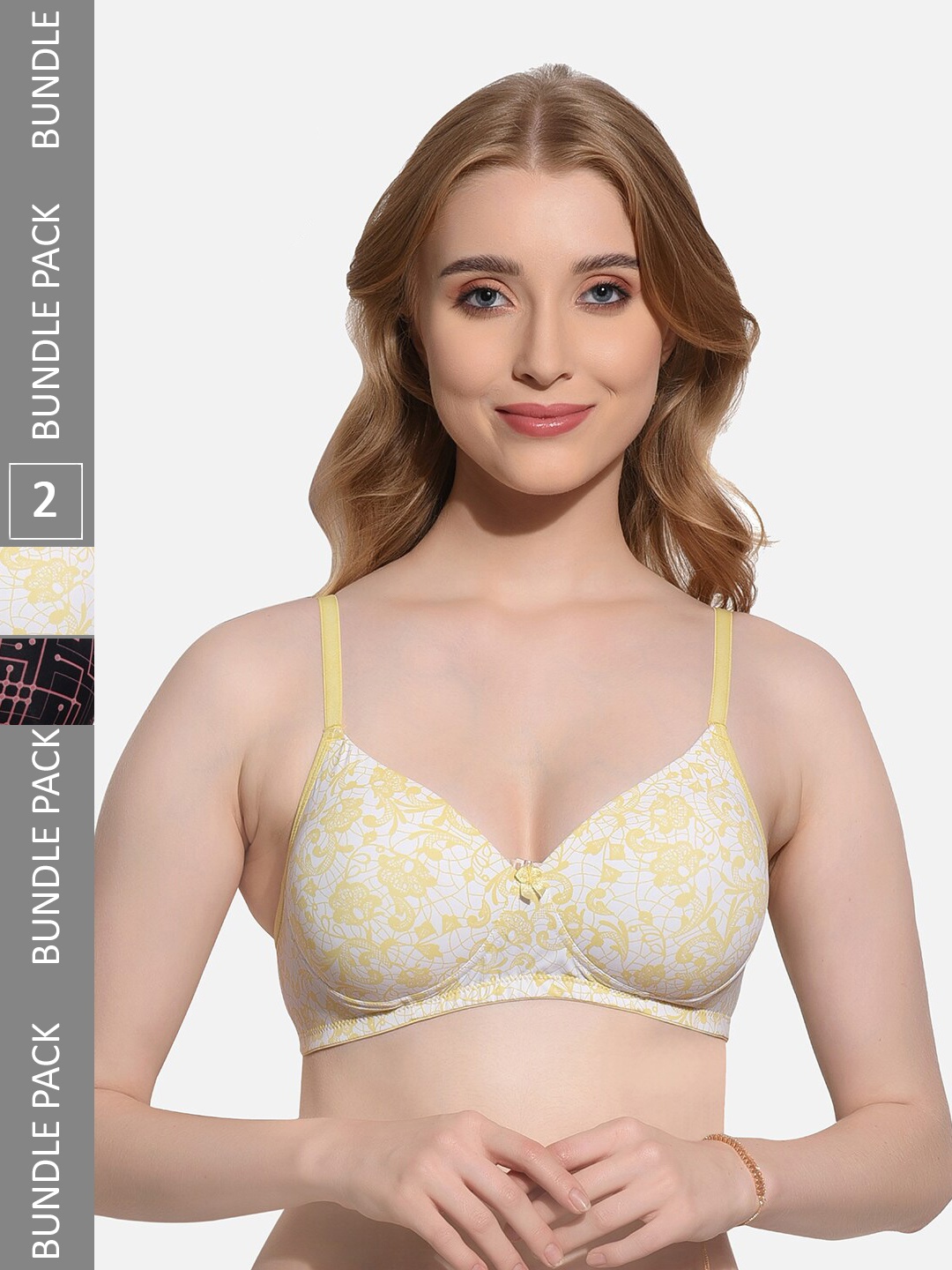 

FIMS Pack Of 2 Printed Full Coverage Lightly Padded T-shirt Bra With All Day Comfort, Yellow