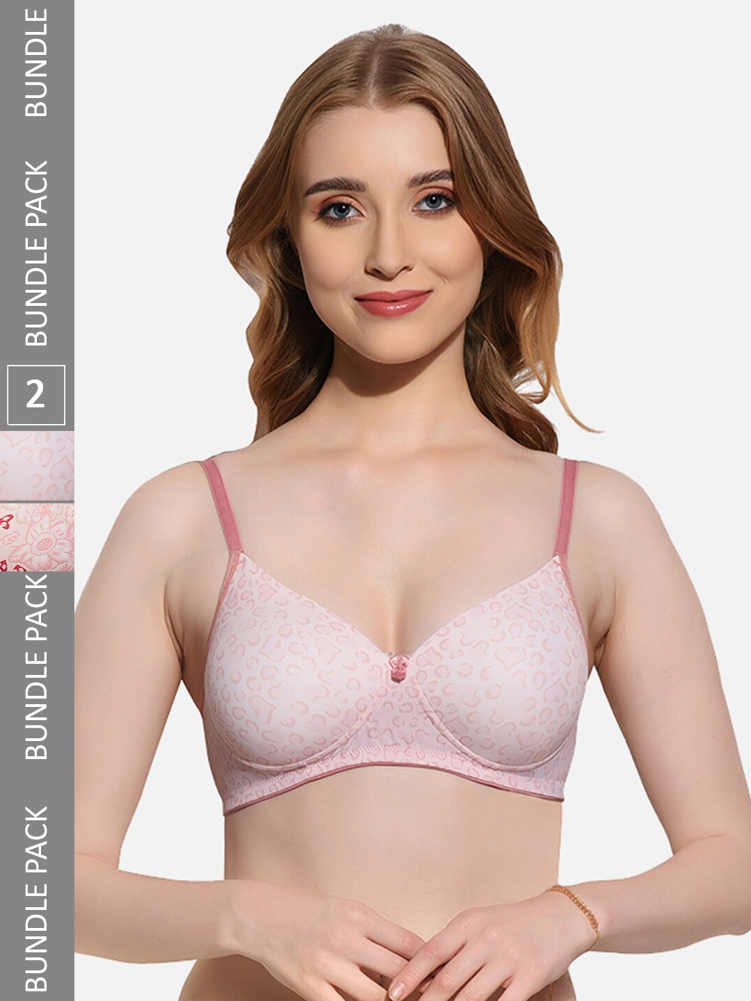 

FIMS Pack Of 2 Printed Full Coverage Lightly Padded T-shirt Bra With All Day Comfort, Pink