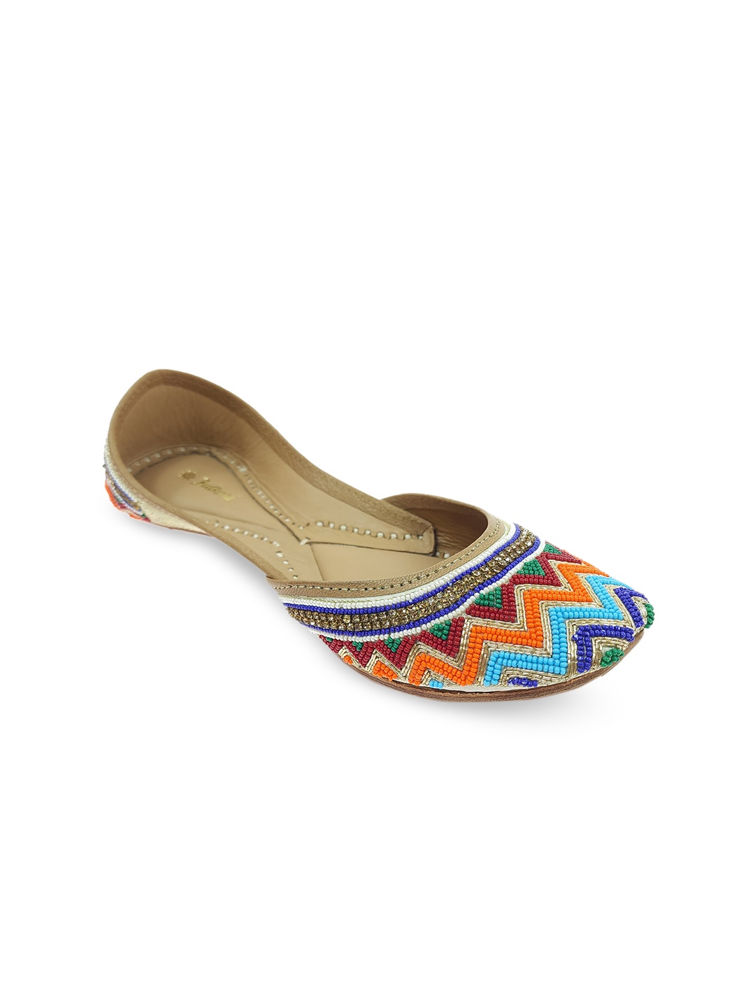 

Fulkari Ethnic Embellished Leather Square Toe Mojaris, Gold