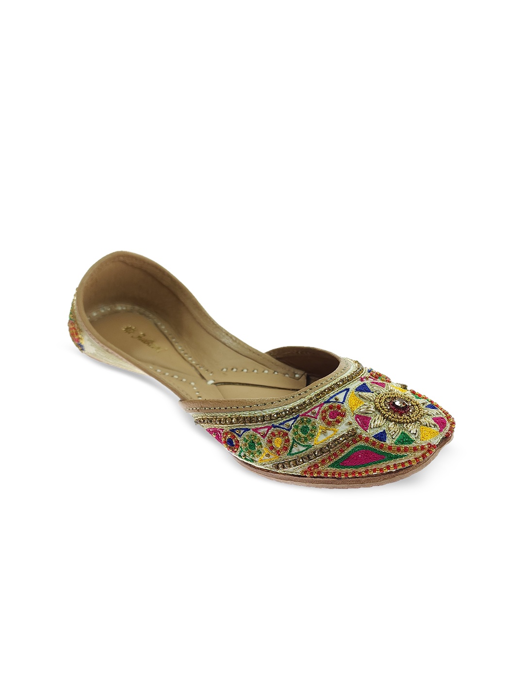 

Fulkari Ethnic Embellished Leather Square Toe Mojaris, Gold