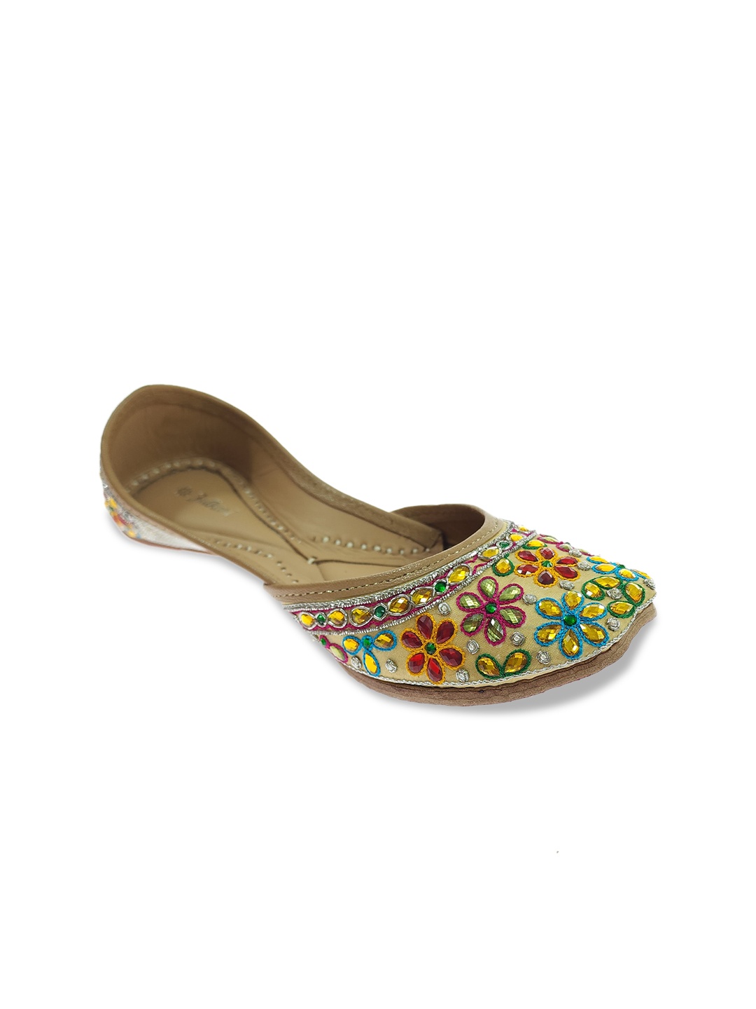 

Fulkari Ethnic Embellished Leather Square Toe Mojaris, Gold