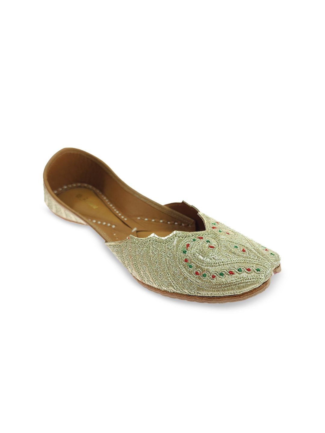 

Fulkari Ethnic Embellished Leather Square Toe Mojaris, Gold