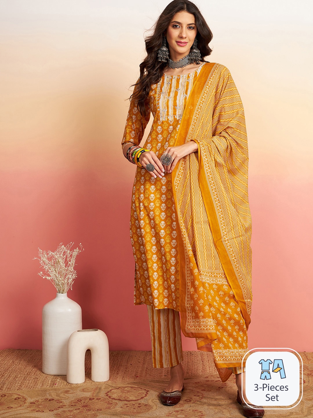 

Sangria Ethnic Motifs Printed Thread Work Detail Straight Kurta & Palazzo with Dupatta, Mustard