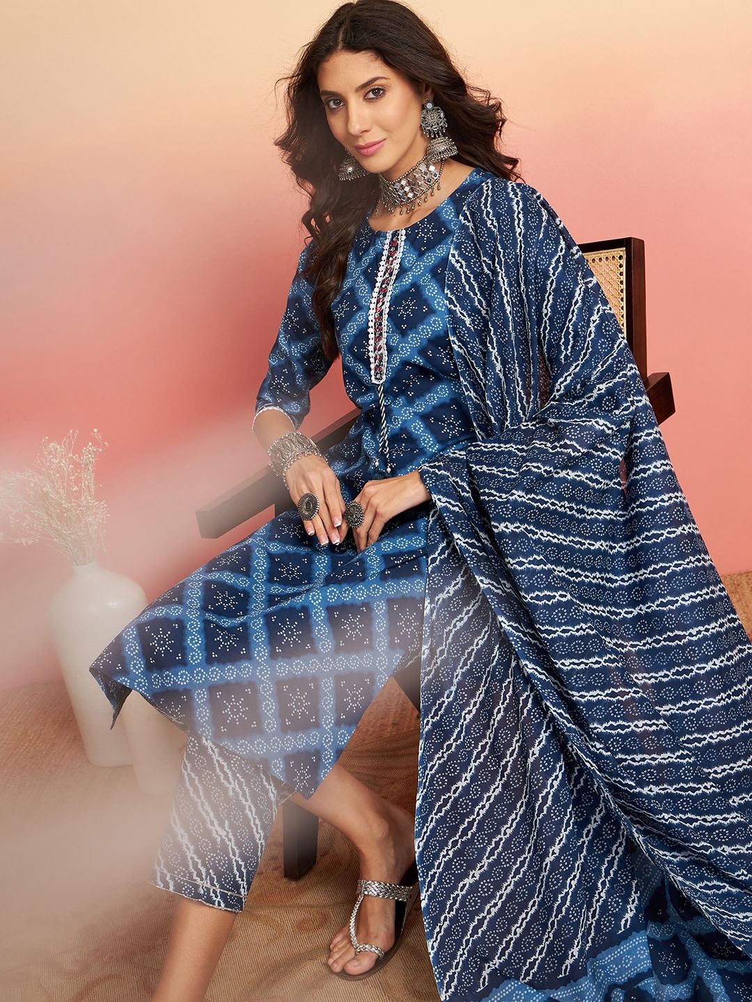 

Sangria Bandhani Printed Thread Work Pure Cotton Kurta With Trouser & Dupatta, Blue