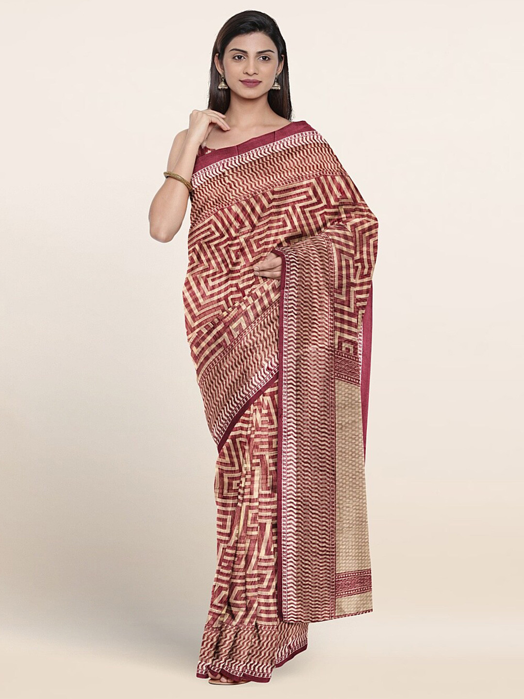 

Pothys Geometric Printed Saree, Cream