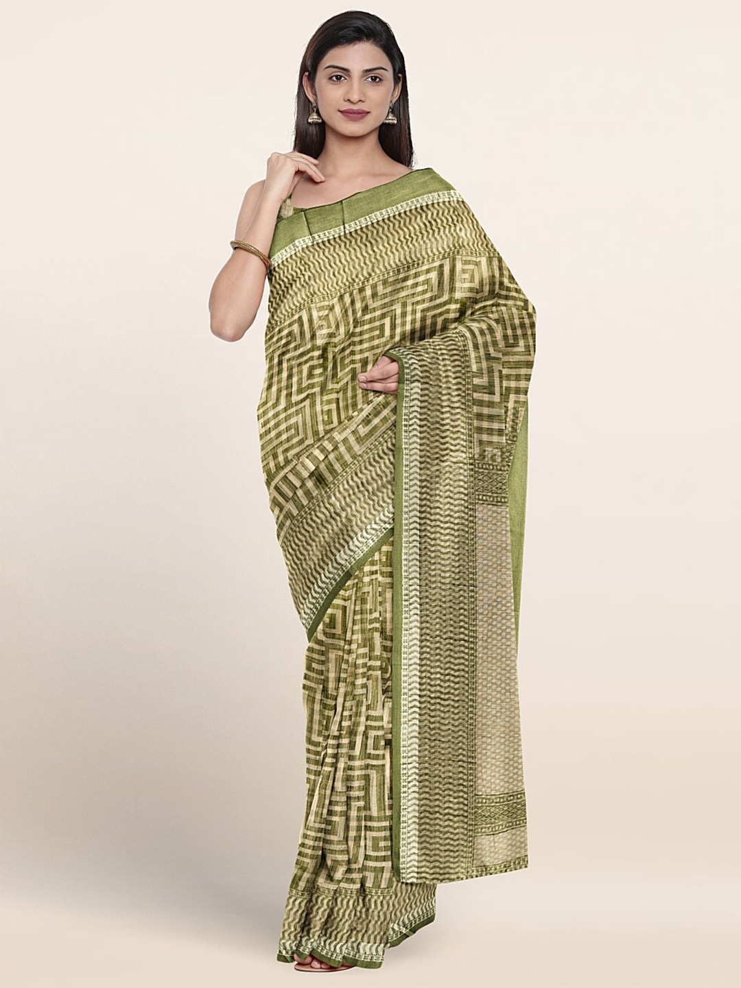 

Pothys Geometric Printed Saree, Cream