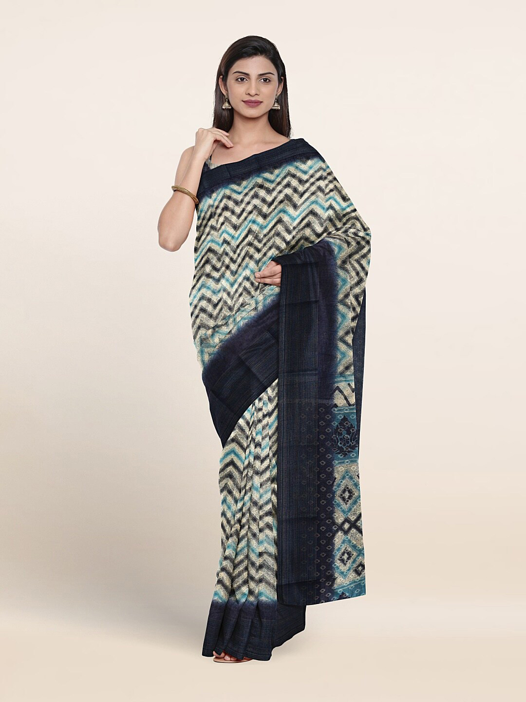 

Pothys Geometric Printed Saree, Cream
