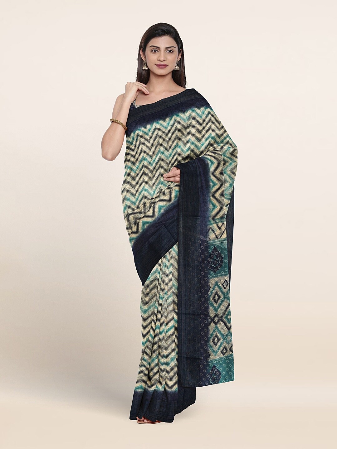 

Pothys Geometric Printed Saree, Cream