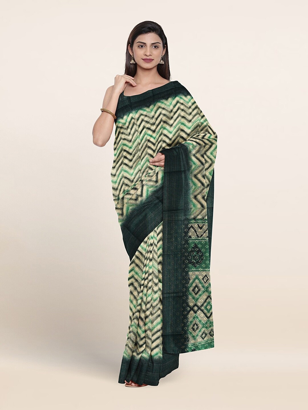 

Pothys Geometric Printed zari Saree, Cream