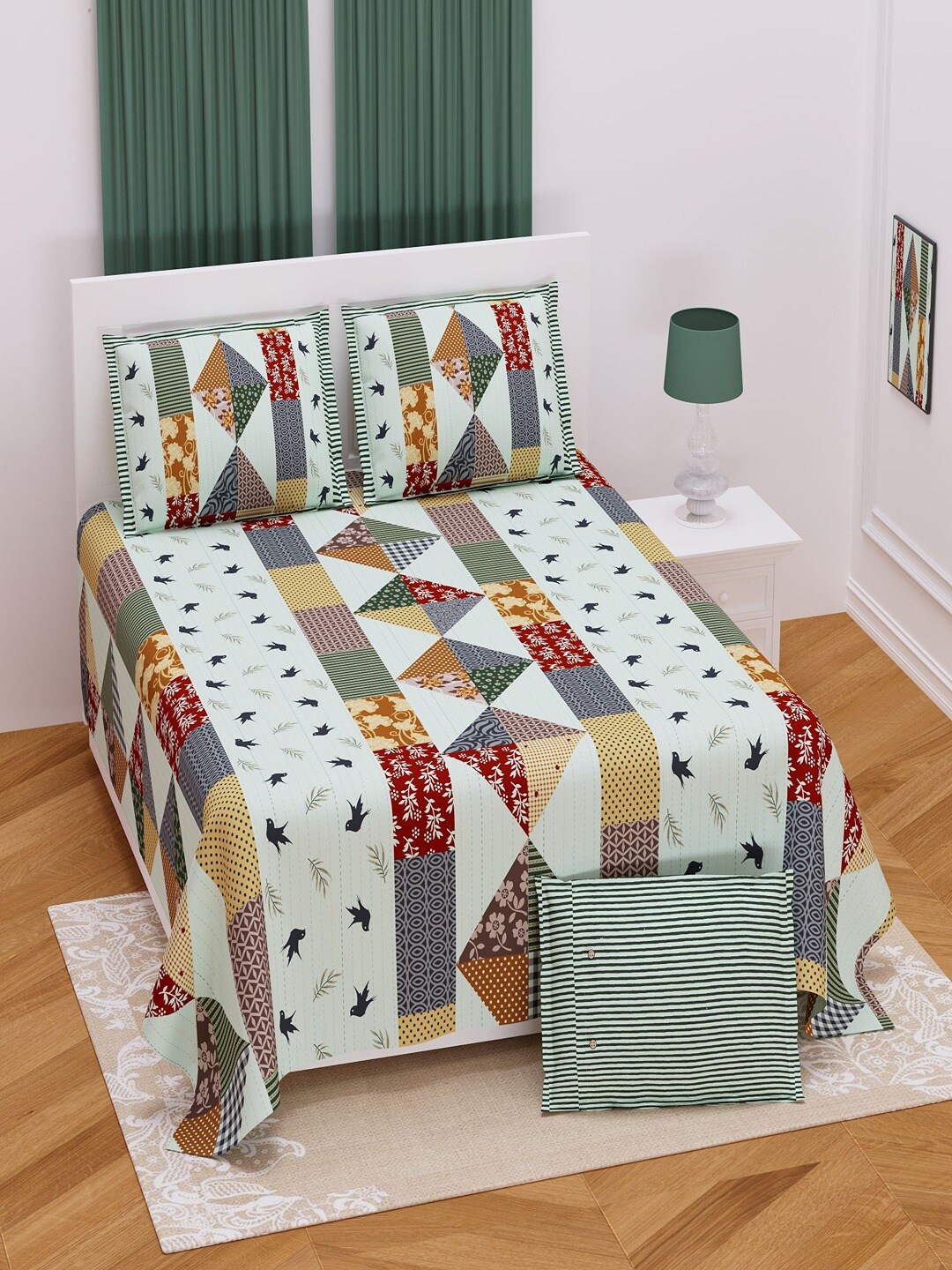 

UNIQCHOICE Green & Brown Printed Cotton 180 TC King Bedsheet with 2 Pillow Covers
