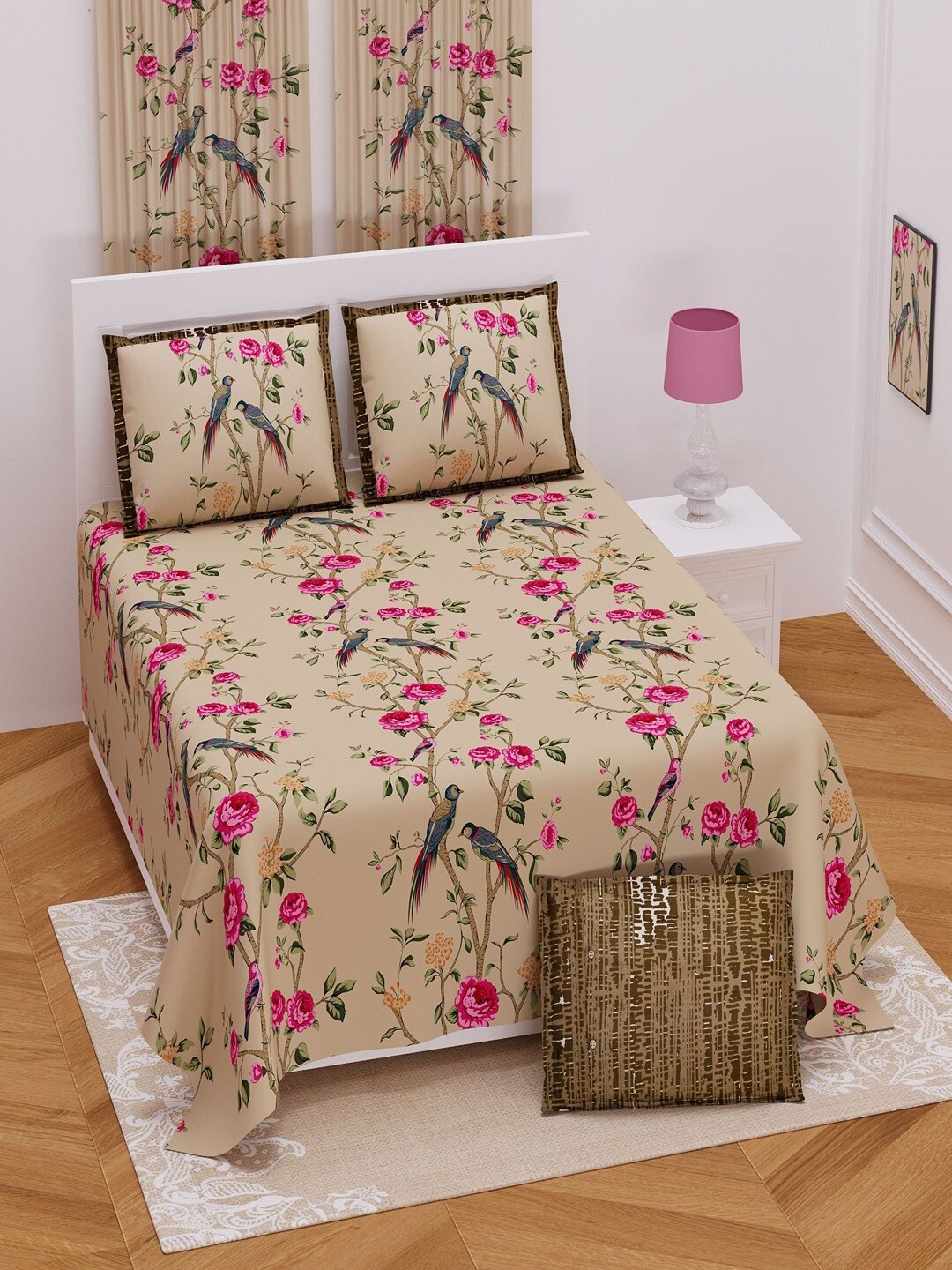 

UNIQCHOICE Beige & Pink Printed Cotton 180 TC King Bedsheet with 2 Pillow Covers