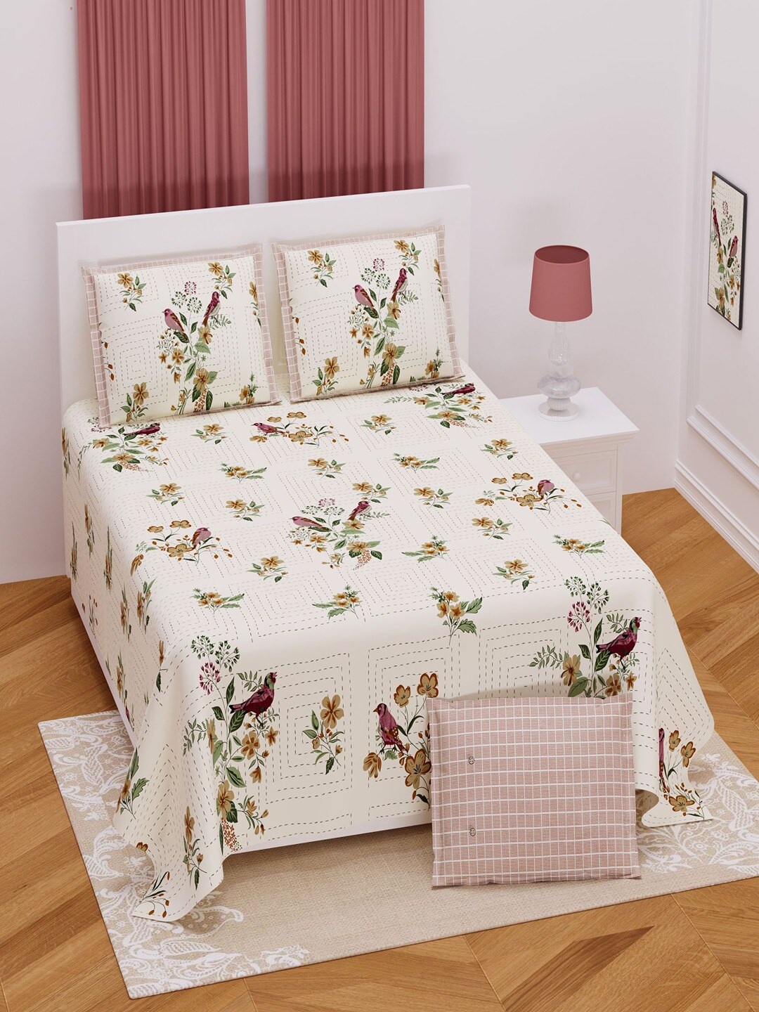 

UNIQCHOICE White & Green Printed Cotton 180 TC King Bedsheet with 2 Pillow Covers