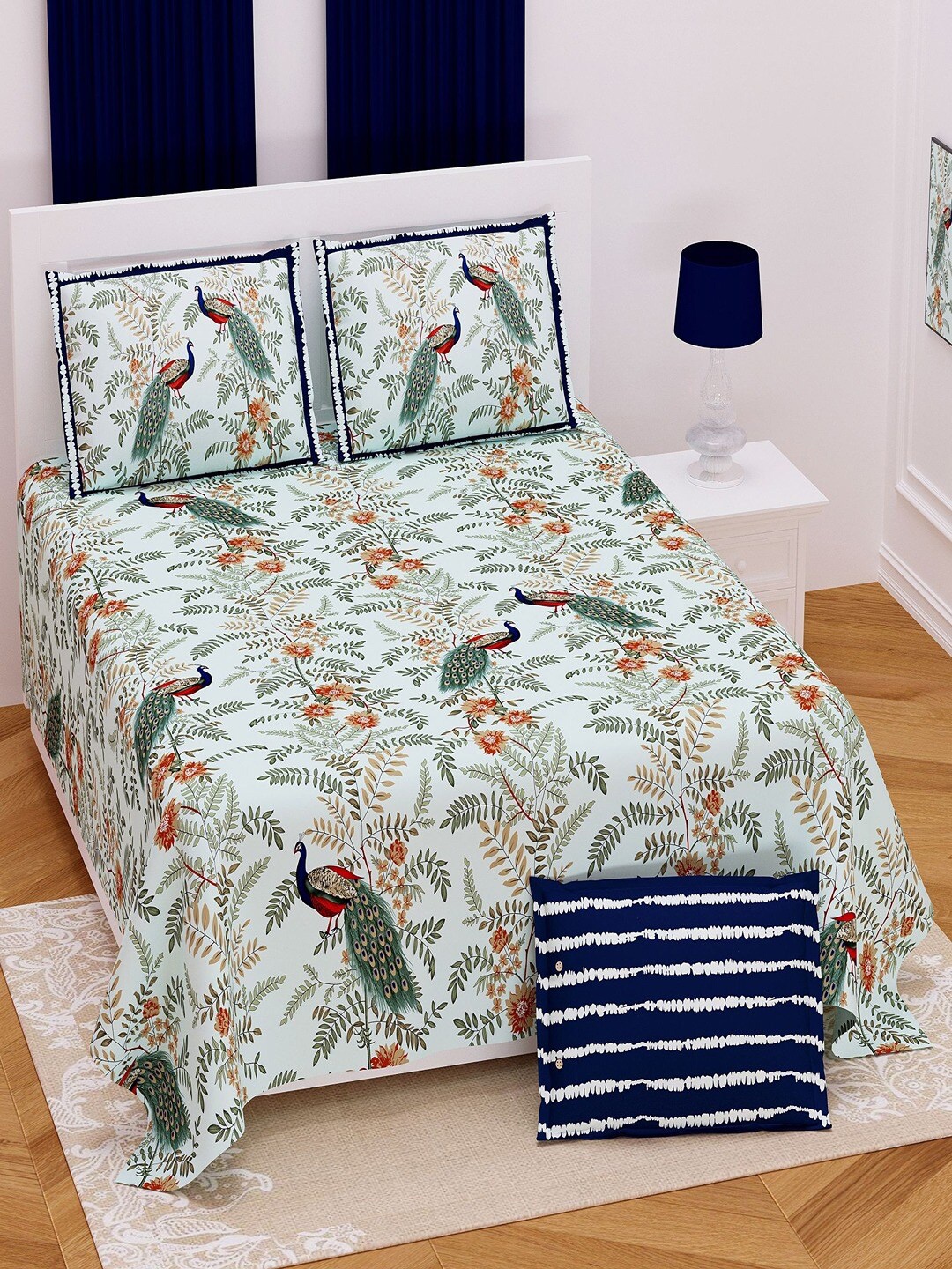 UNIQCHOICE Blue & Green Ethnic Motif Pure Cotton 180 TC King Bedsheet with 2 Pillow Covers
