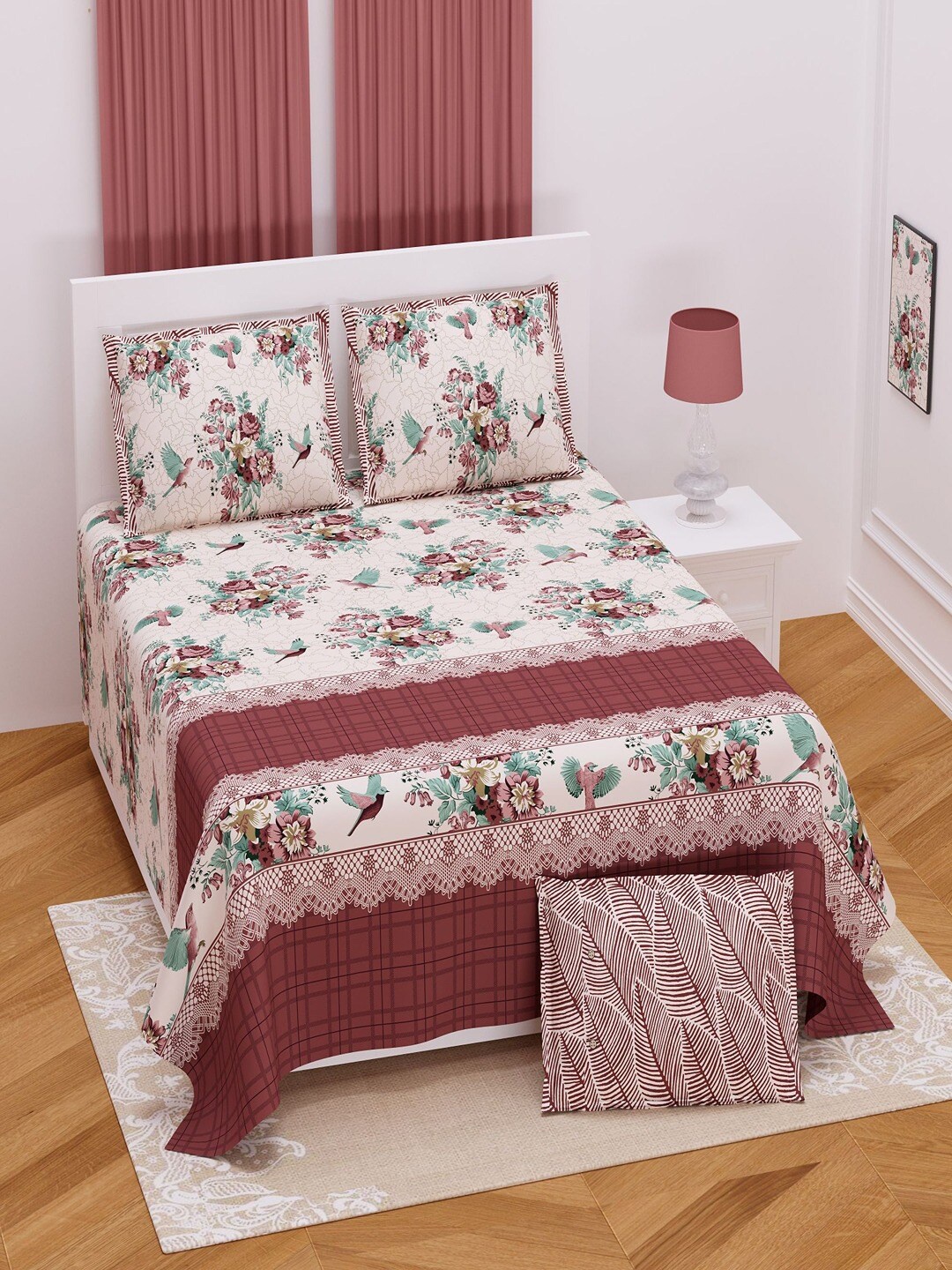 

UNIQCHOICE Red & White Floral Pure Cotton 180 TC King Bedsheet With 2 Pillow Covers