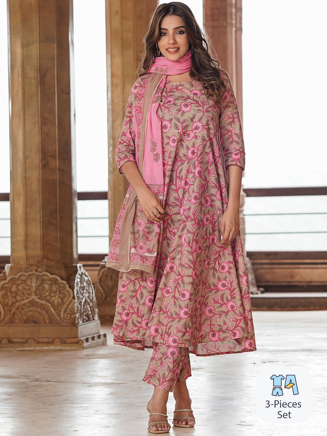 

KALINI Floral Printed Pure Cotton Kurta with Trousers & Dupatta, Pink