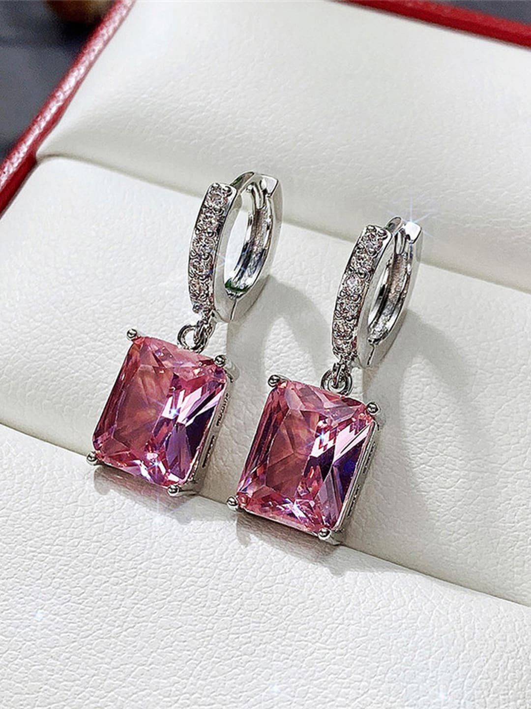 

Designs & You Silver Plated Rectangular American Diamond Studded Drop Earrings