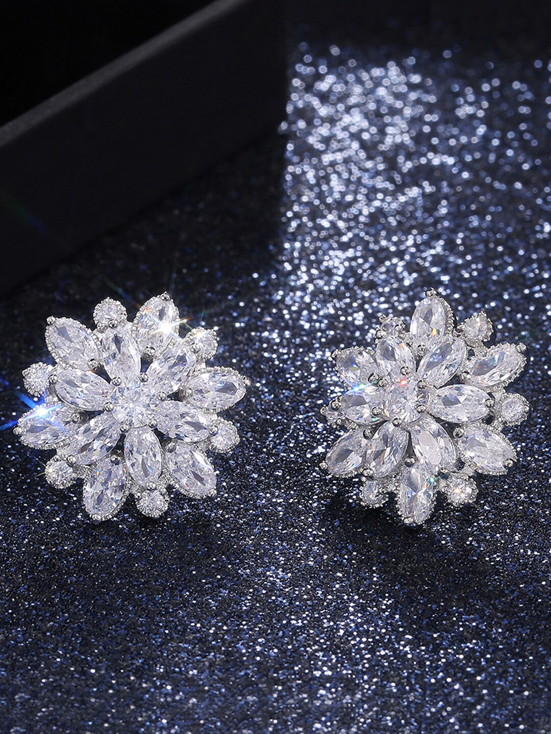 

Designs & You Silver Plated American Diamond Floral Studs Earrings