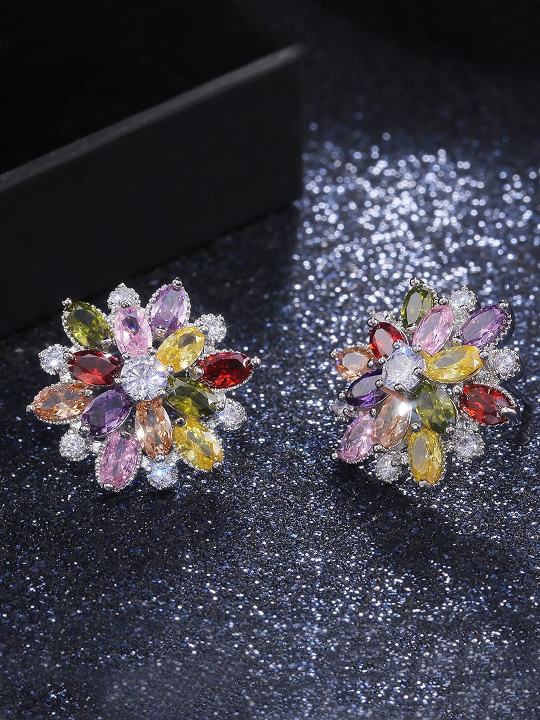 

Designs & You Silver Plated American Diamond Floral Studs Earrings