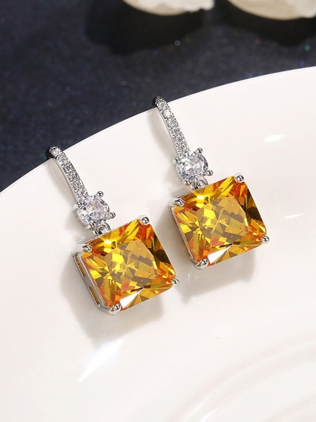 

Designs & You Silver Plated American Diamond Floral Studs Earrings, Yellow