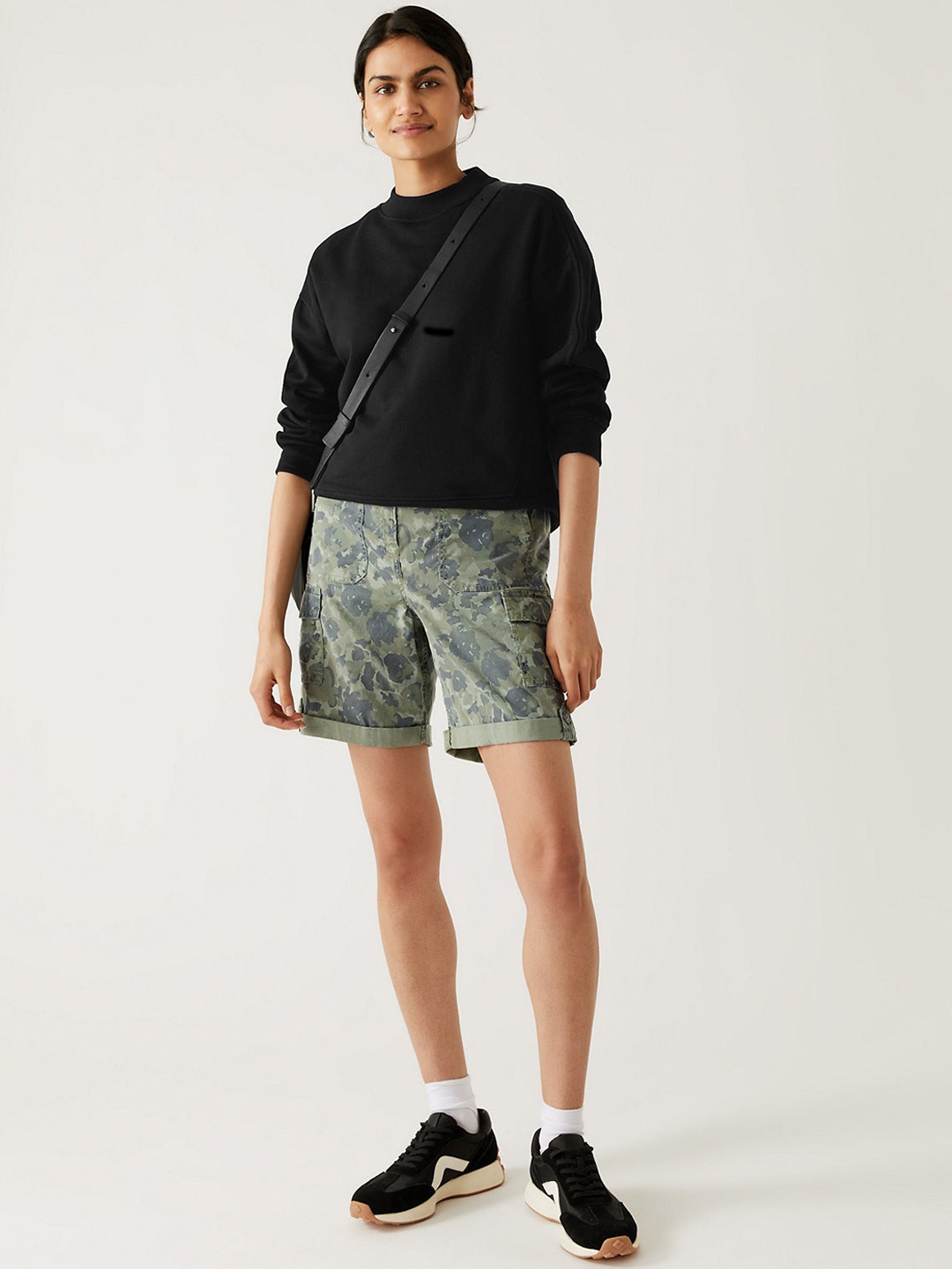 

Marks & Spencer Women Khaki Printed High-Rise Cargo Shorts, Green