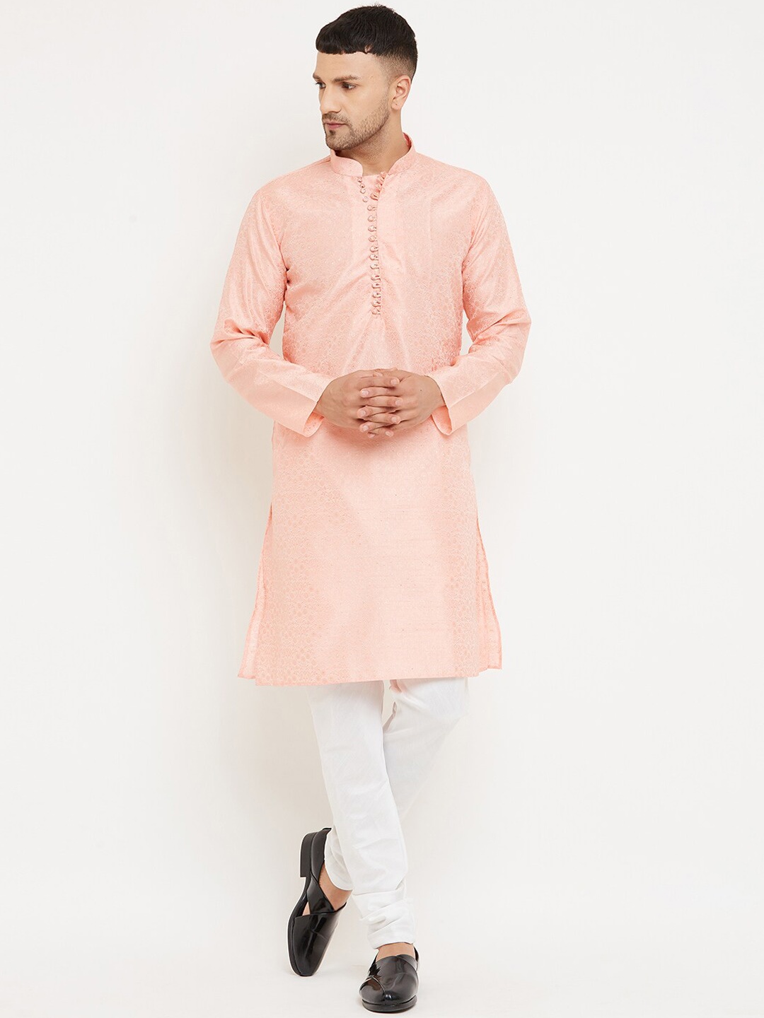 

Armaan Ethnic Floral Embroiderd Mandarin Collar Thread Work Detail Silk Straight Kurta, Pink