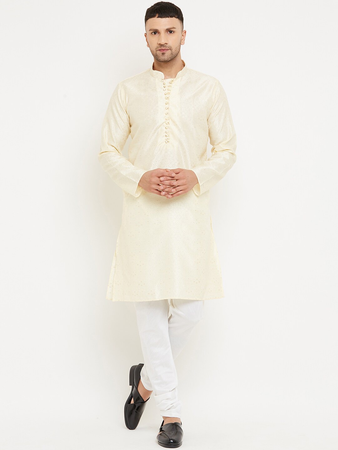 

Armaan Ethnic Ethnic Motifs Woven Design Mandarin Collar Silk Straight Kurta, Cream