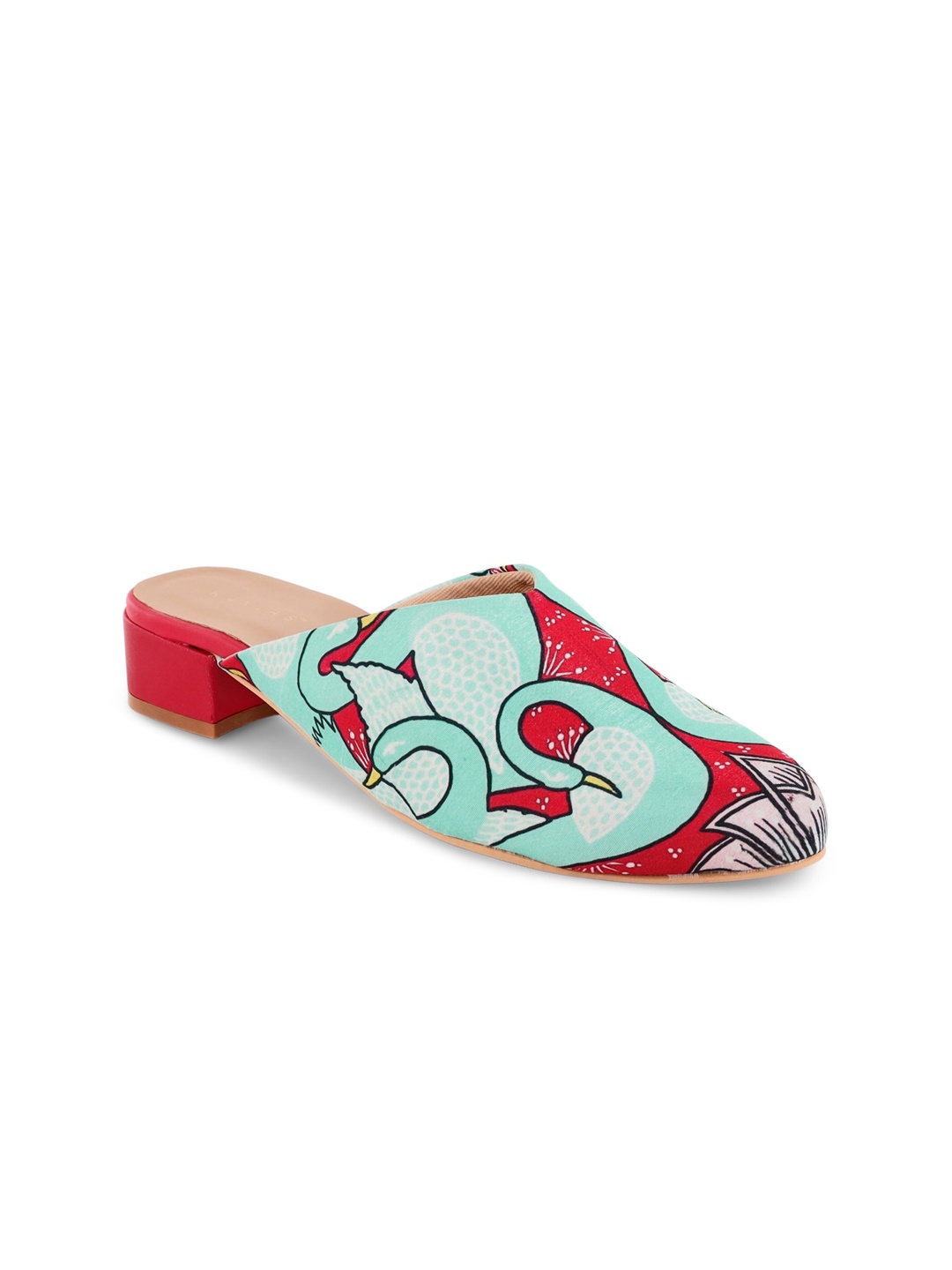 

Kanvas Printed Pointed Toe Block Mules, Turquoise blue