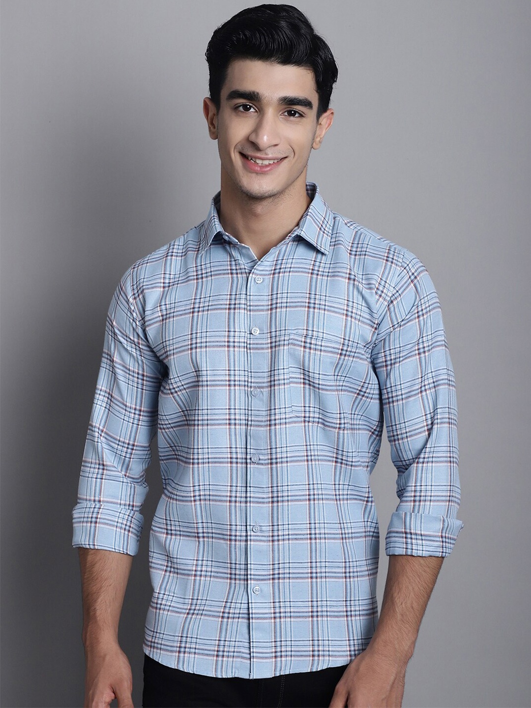 

Armaan Ethnic Comfort Tartan Checked Spread Collar Cotton Casual Shirt, Blue