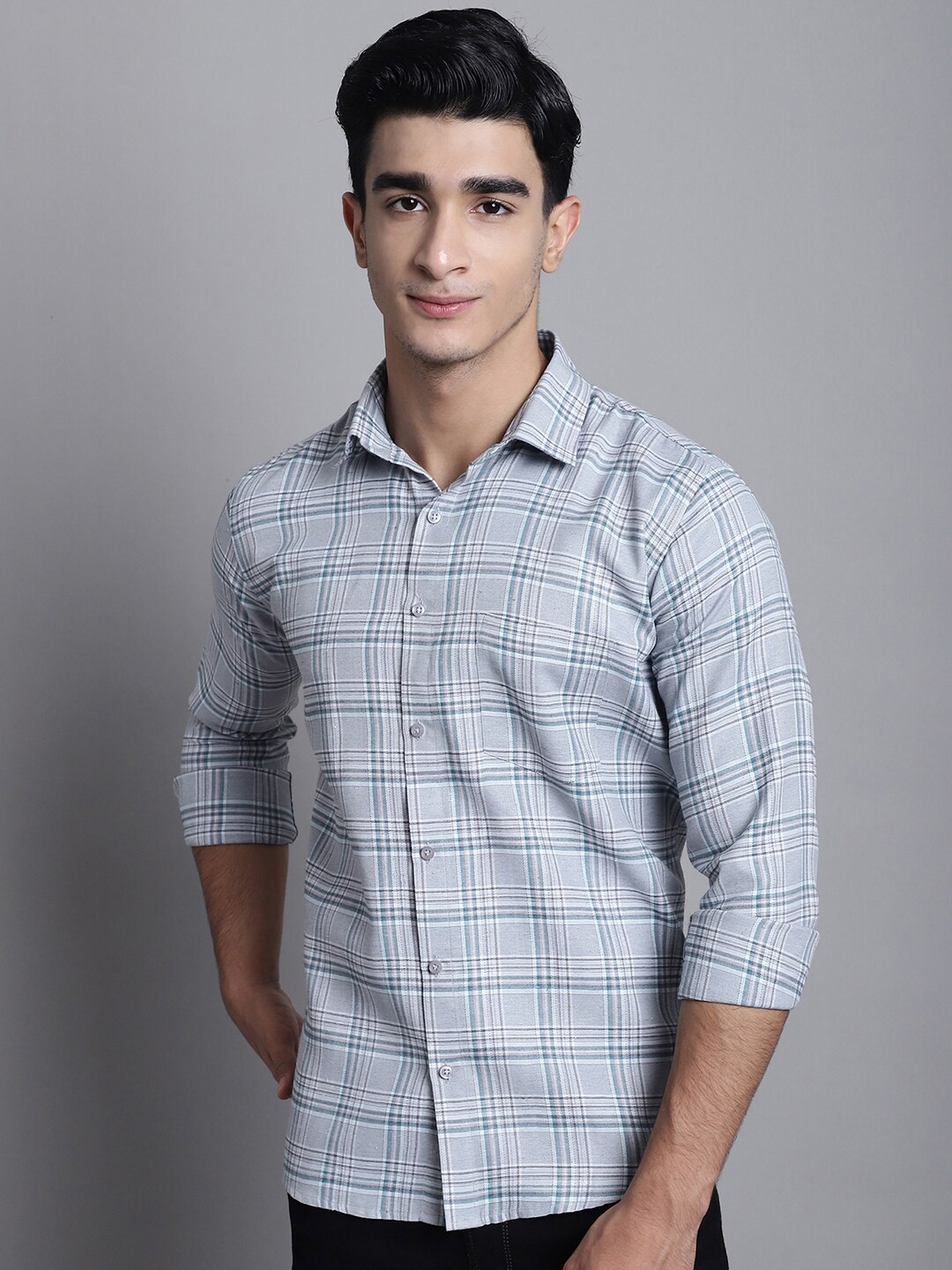 

Armaan Ethnic Comfort Tartan Checked Spread Collar Cotton Casual Shirt, Grey