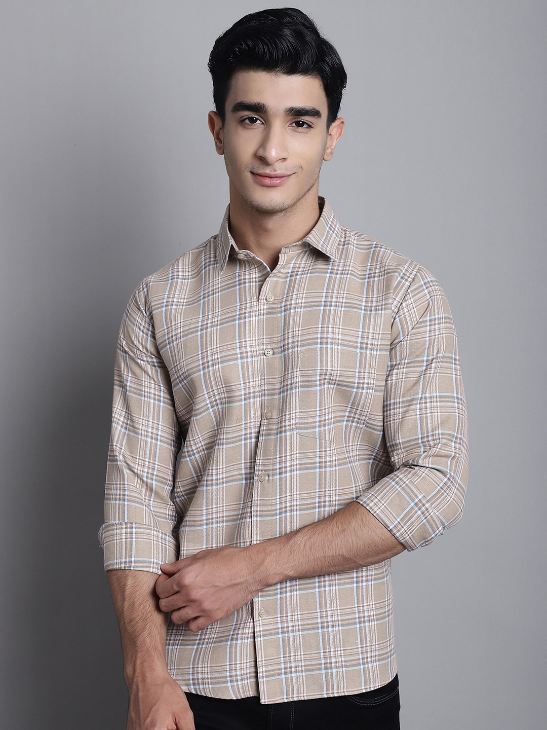 

Armaan Ethnic Comfort Tartan Checked Casual Shirt, Beige