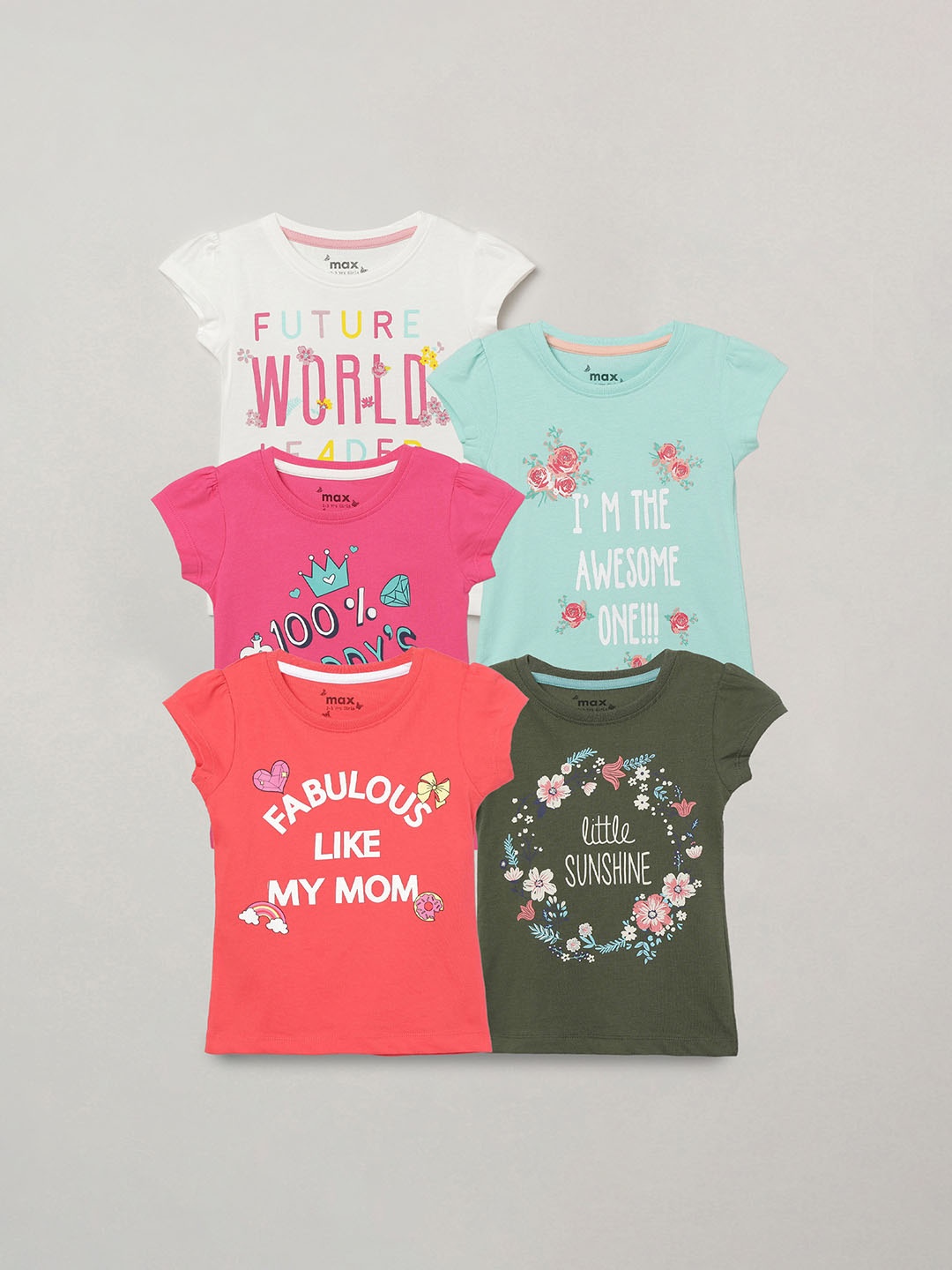 

max Girls Pack of 5 Typography Printed Cotton T-shirt, Red