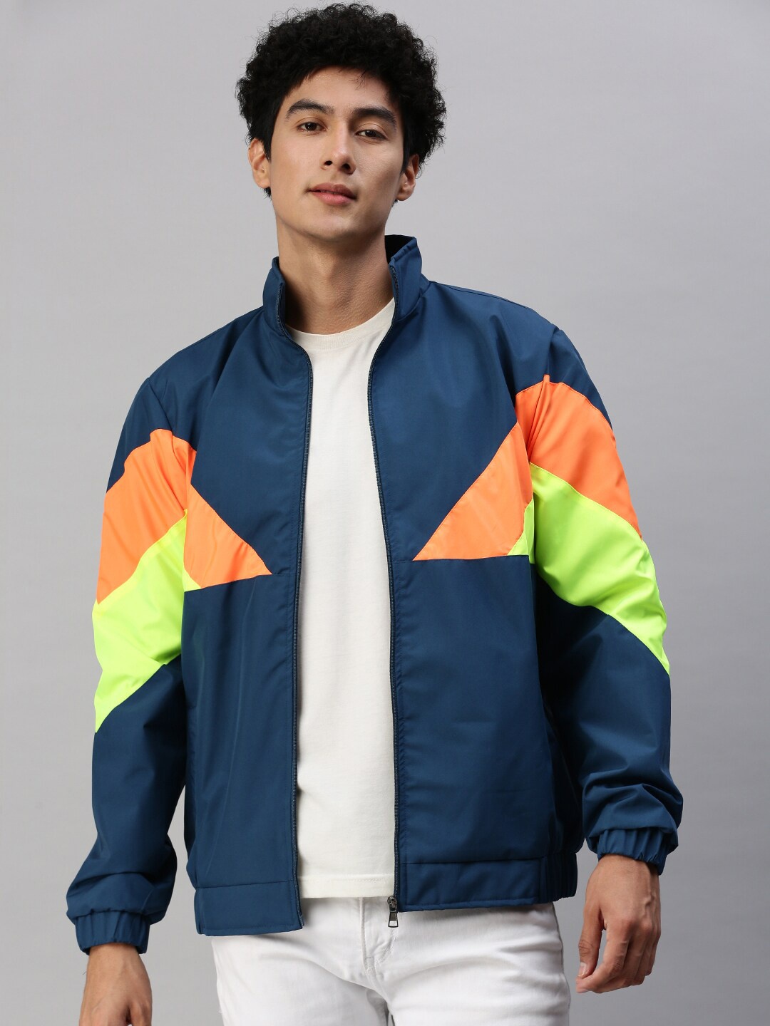 

VOXATI Colourblocked Mock Collar Bomber Jacket, Blue