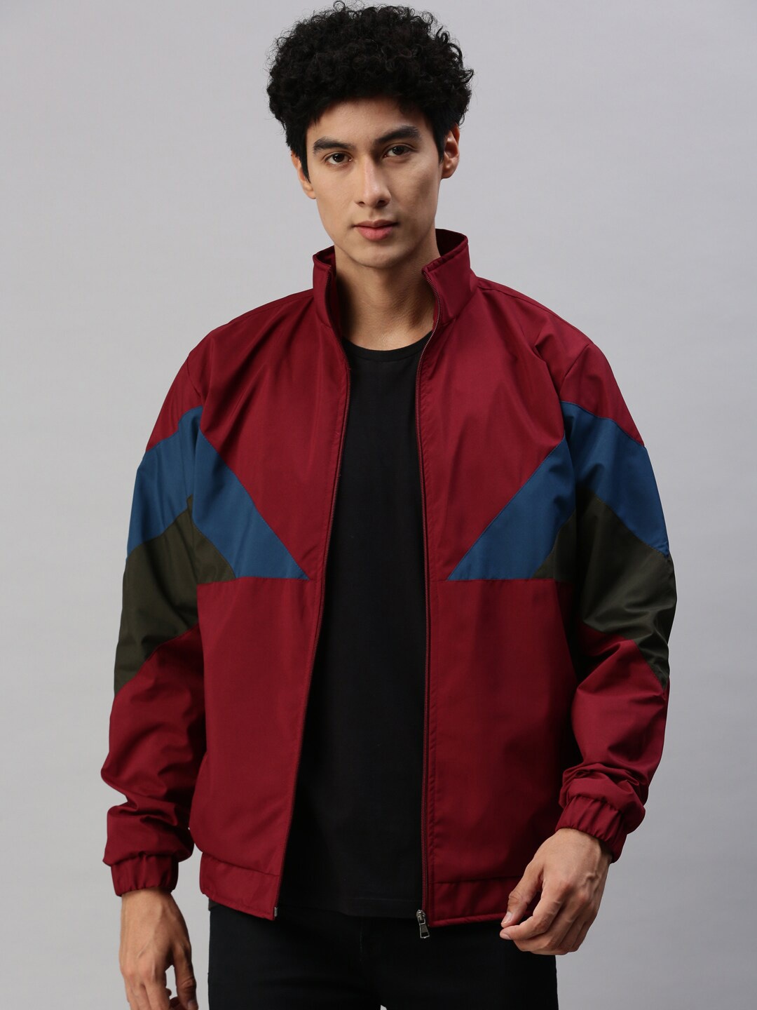 

VOXATI Colourblocked Stand Collar Tailored Jacket, Maroon