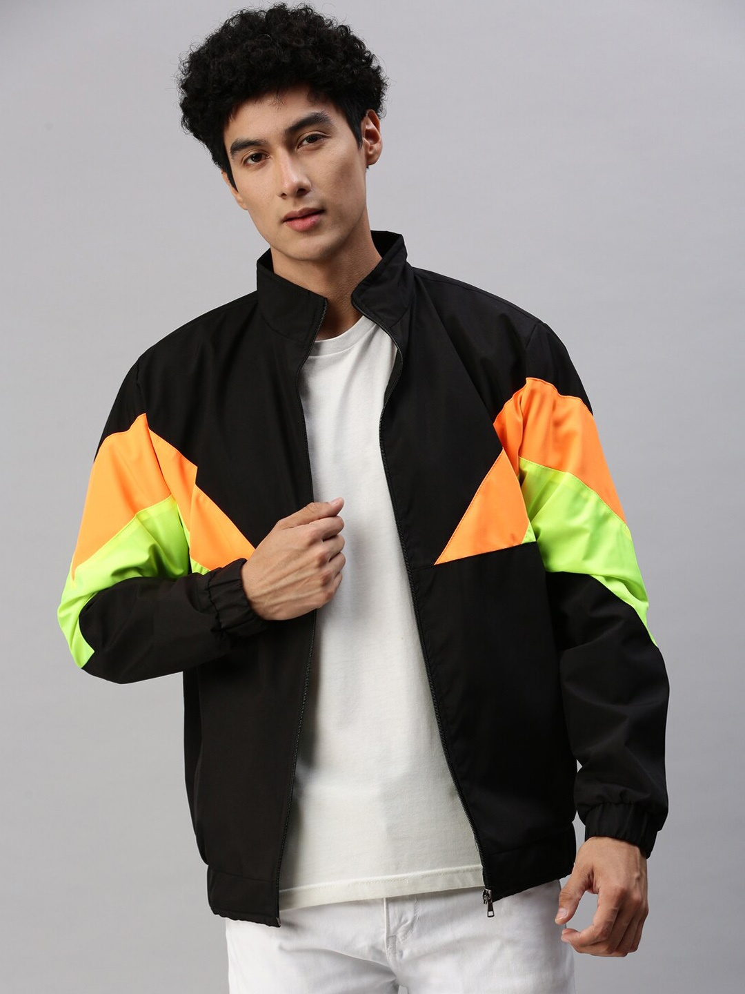 

VOXATI Colourblocked Mock Collar Bomber Jacket, Black