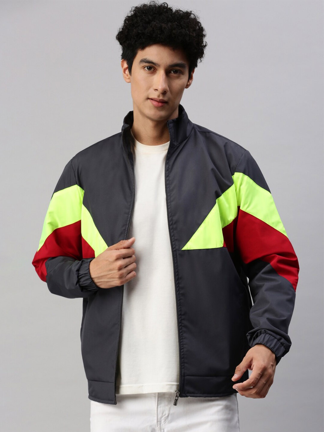 

VOXATI Colourblocked Mock Collar Bomber Jacket, Grey