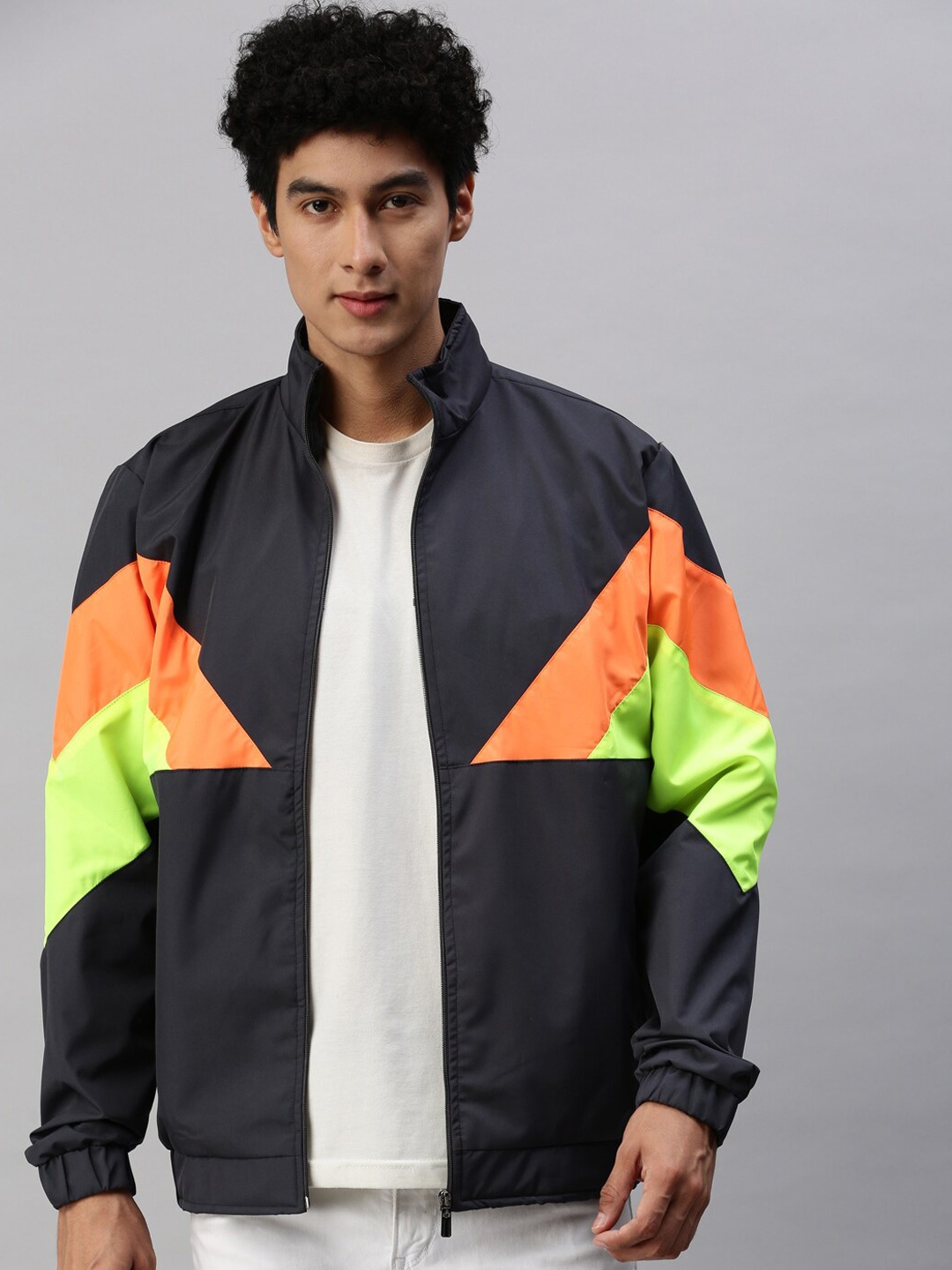 

VOXATI Colourblocked Mock Collar Bomber Jacket, Grey