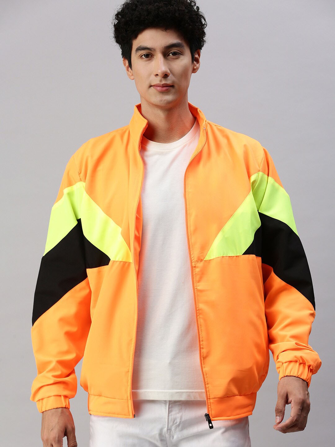 

VOXATI Colourblocked Mock Collar Bomber Jacket, Orange