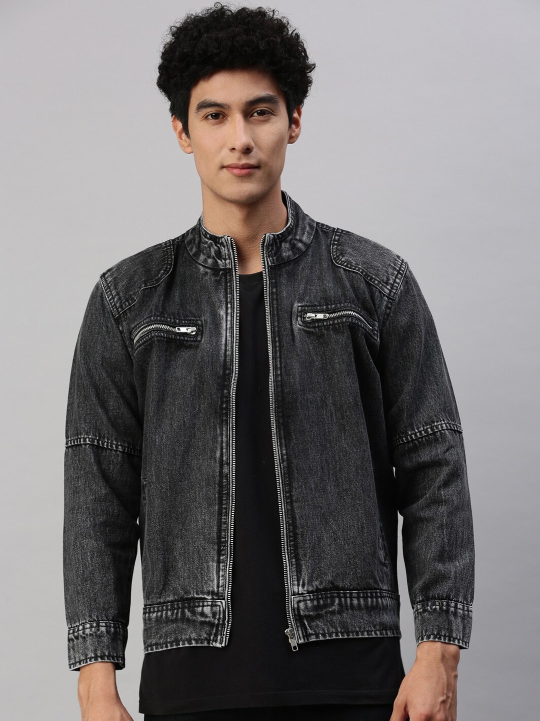 

VOXATI Washed Stand Collar Zip Detail Denim Jacket, Grey