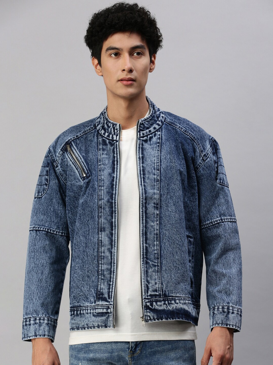 

VOXATI Washed Stand Collar Zip Detail Denim Jacket, Blue