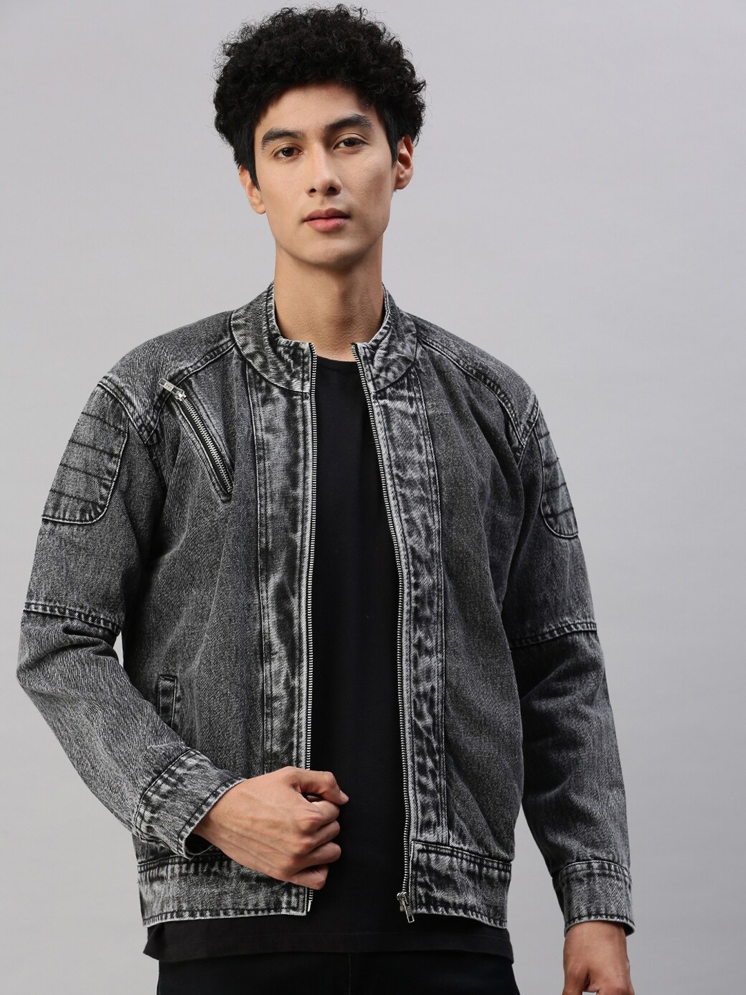

VOXATI Washed Stand Collar Zip Detail Denim Jacket, Grey