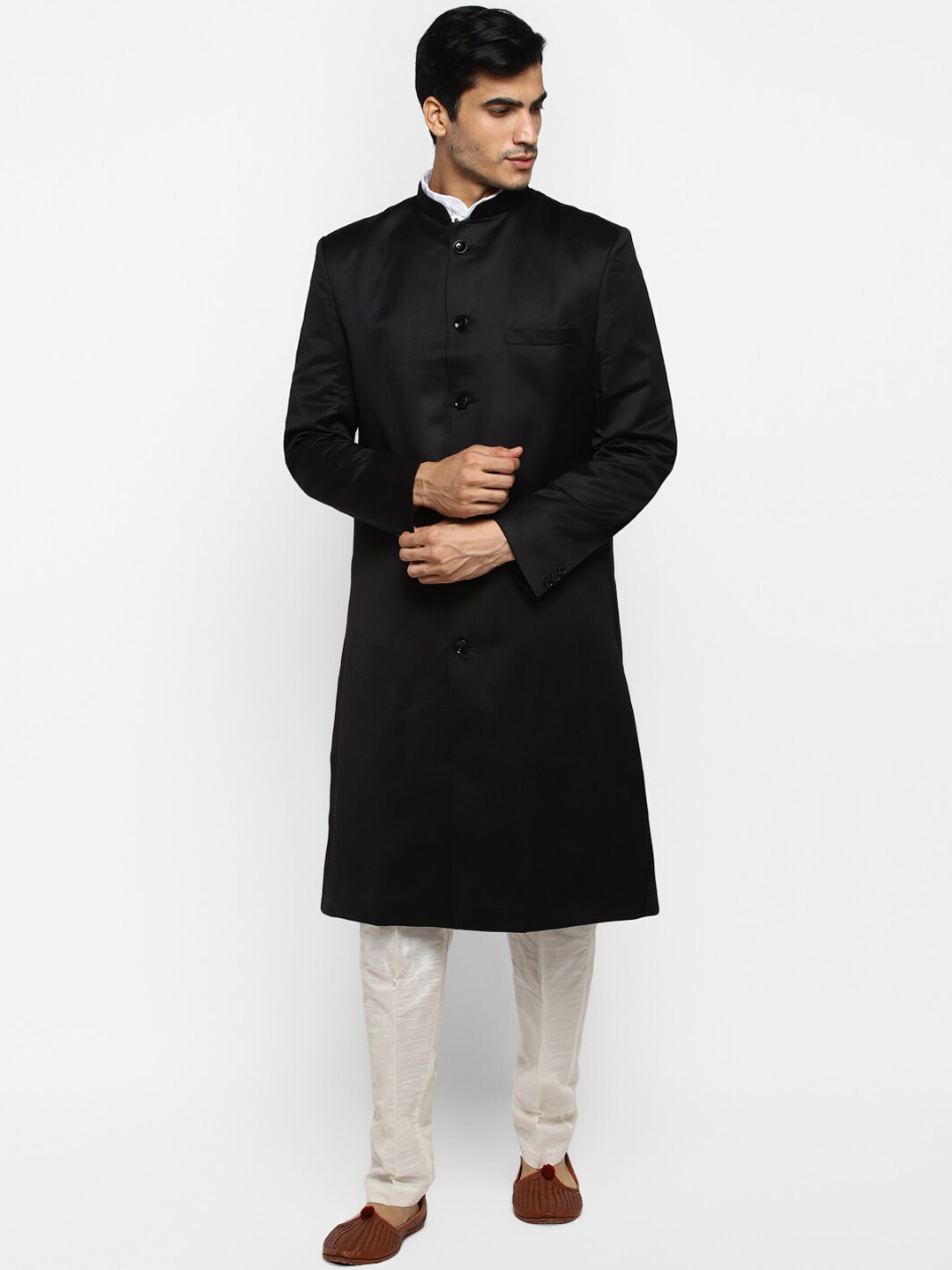 

ROYAL KURTA Mandarin Collar Sherwani Set, Black