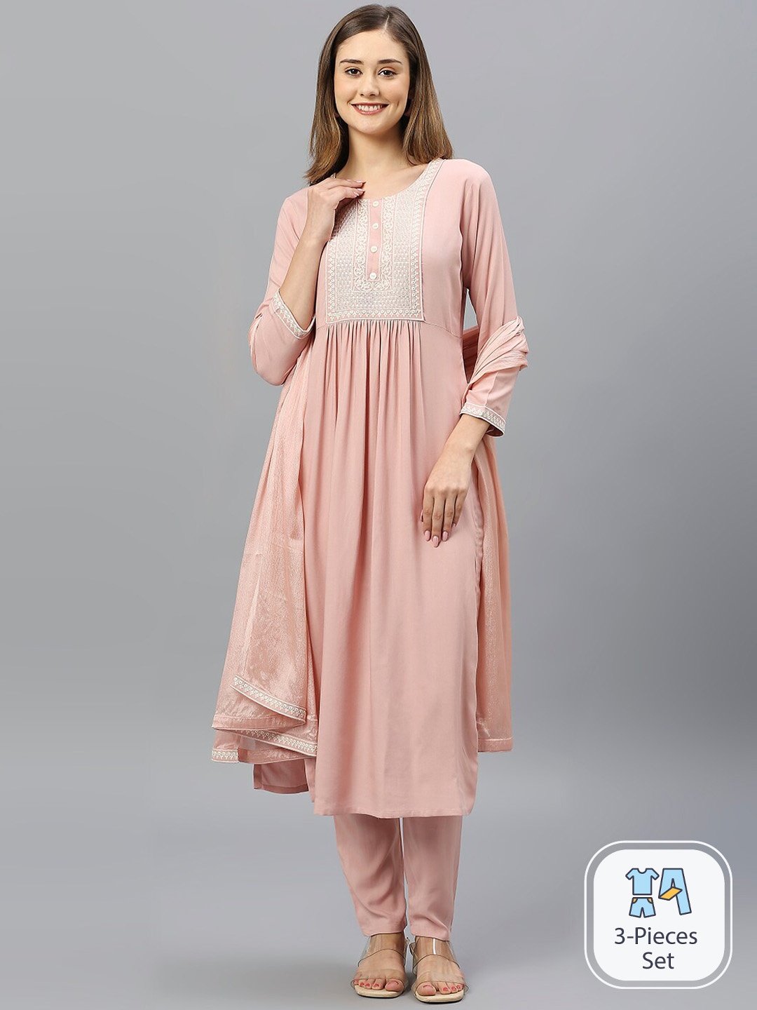 

Anuthi Floral Embroidered A-Line Kurta With Trousers & Dupatta, Peach