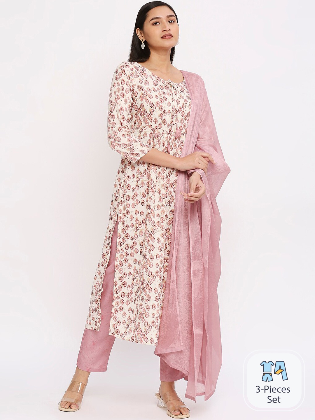 

Anuthi Floral Printed Kurta With Trousers & Dupatta, Pink