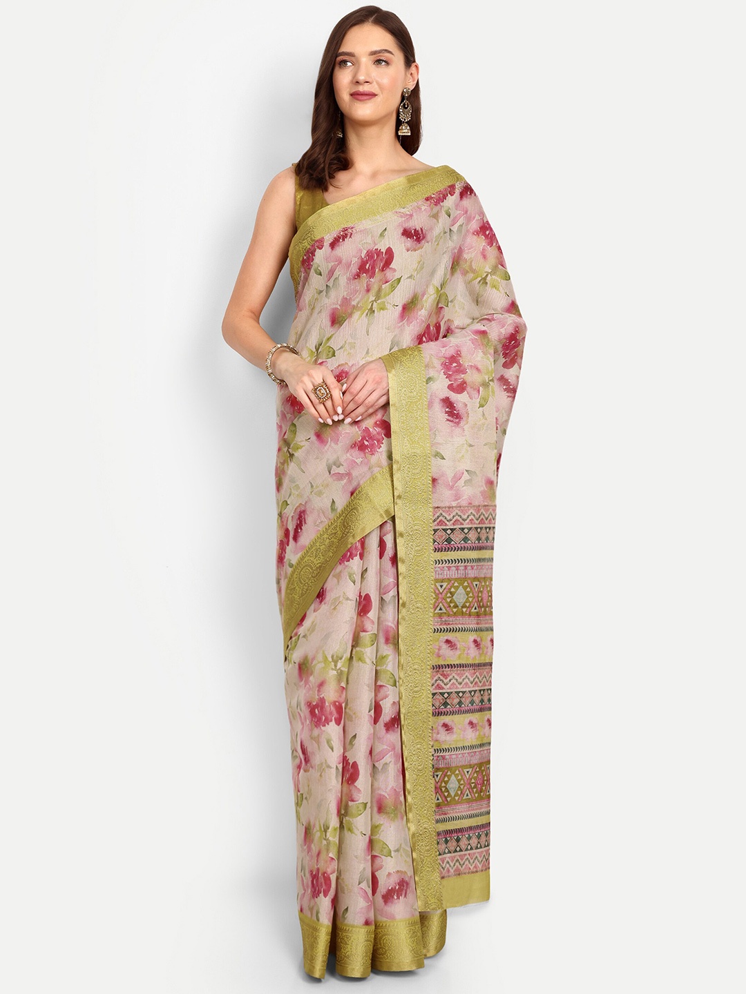 

DrapeMall Floral Zari Tissue Saree, Beige