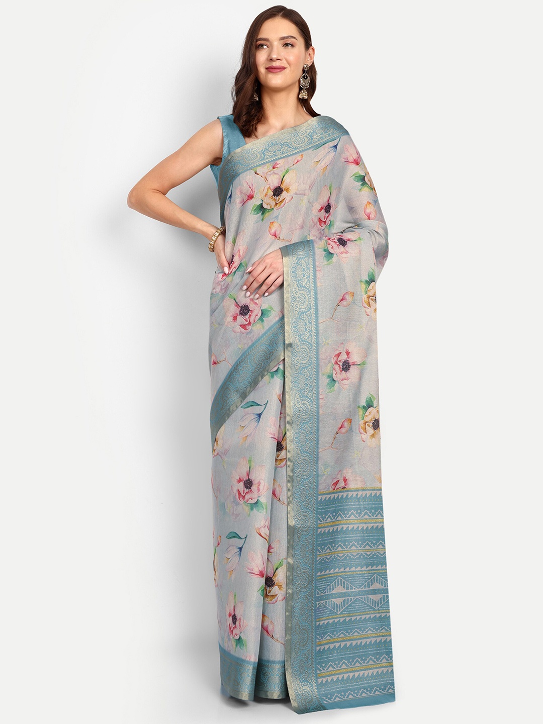 

DrapeMall Floral Zari Tissue Saree, Blue