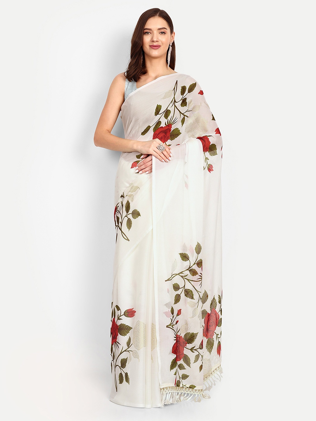 

DrapeMall Floral Poly Chiffon Saree, White