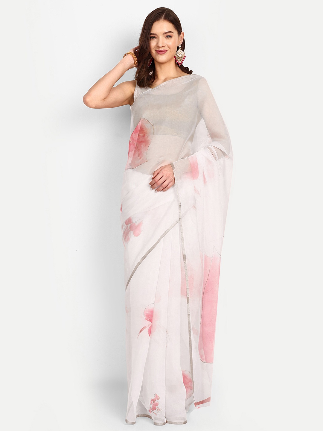 

DrapeMall Floral Printed Organza Saree, White