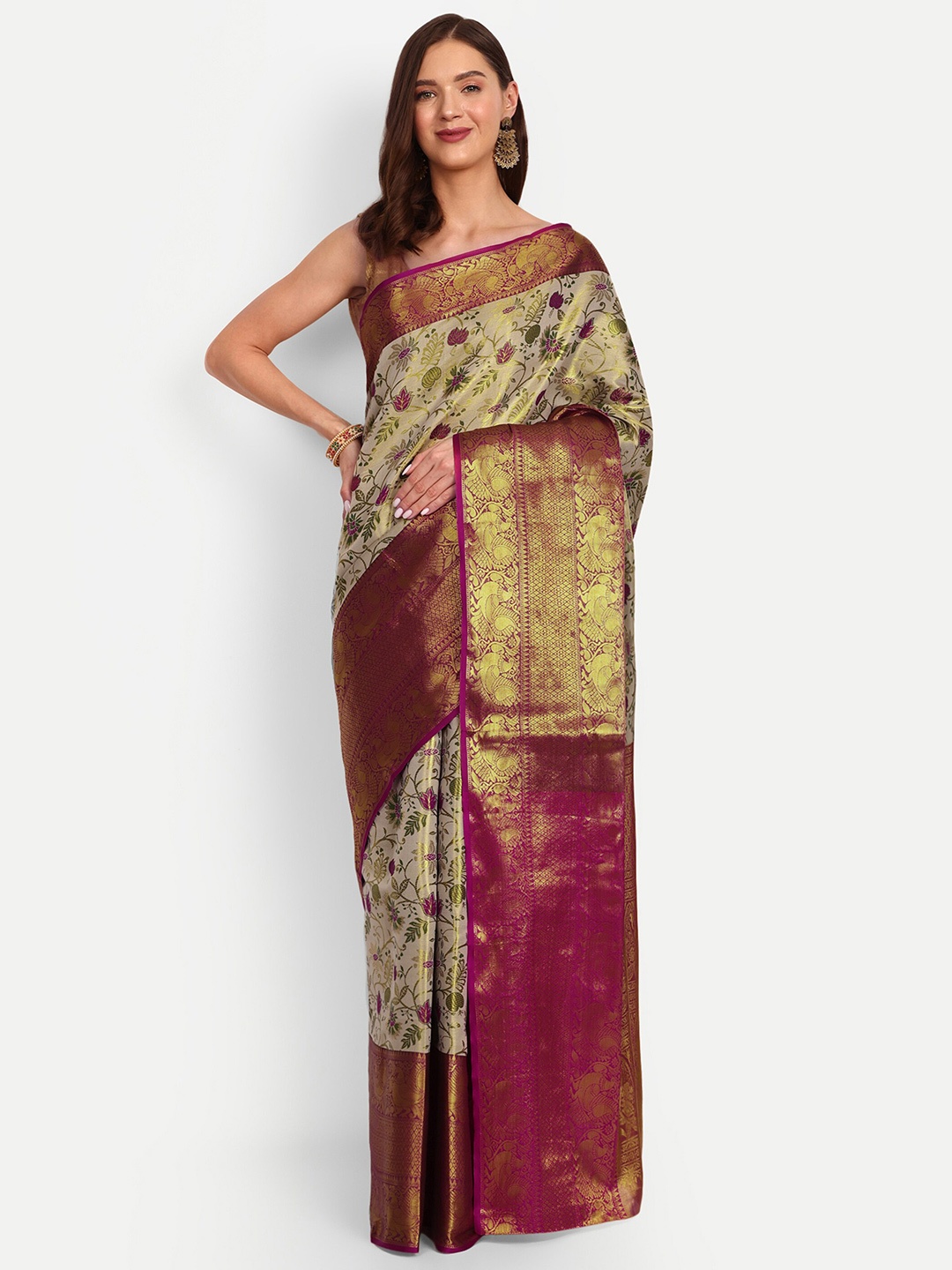 

DrapeMall Woven Design Zari Art Silk Kanjeevaram Saree, Off white