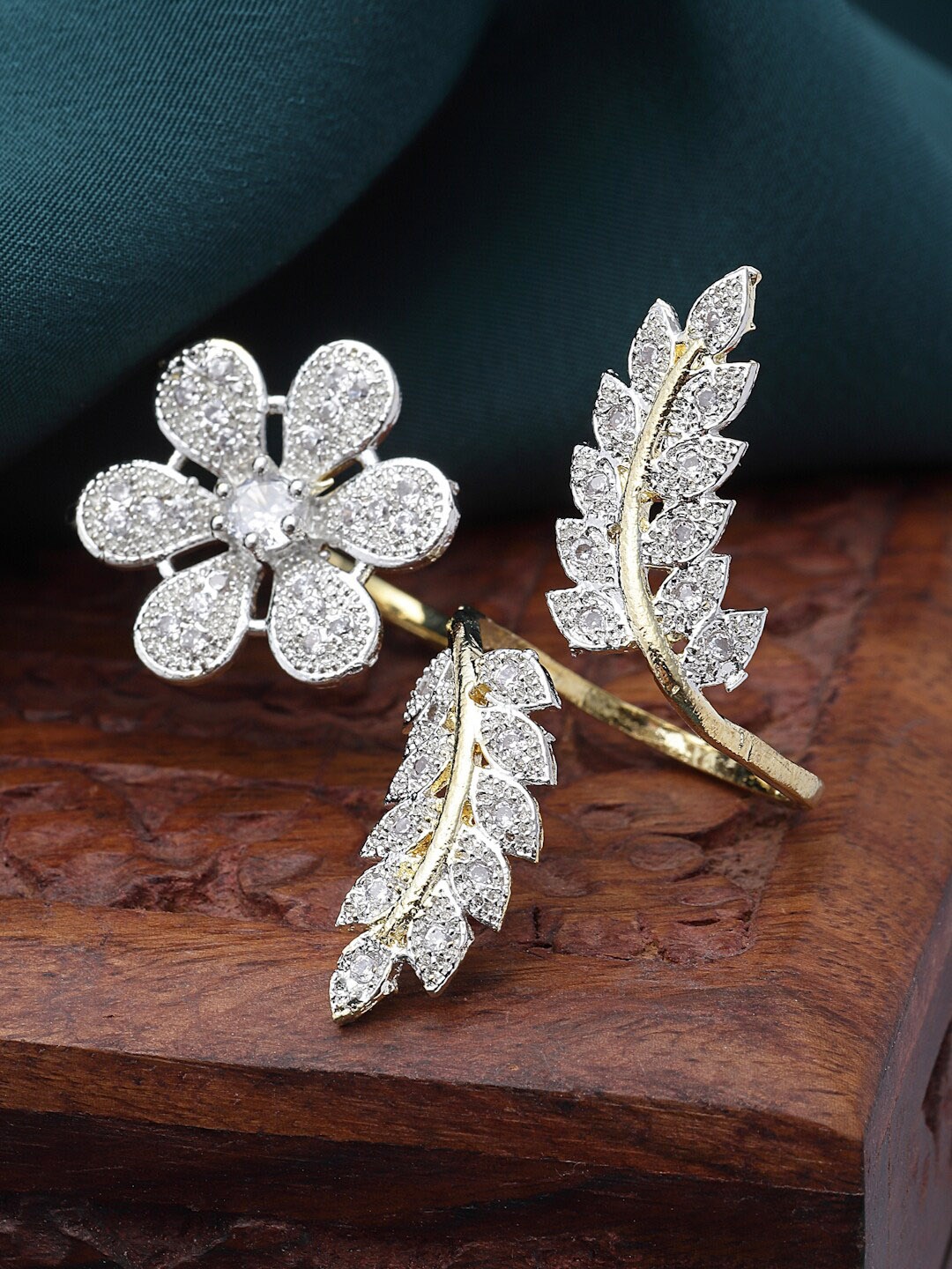 

ZENEME Gold-Plated American Diamond Studded Adjustable Finger Ring