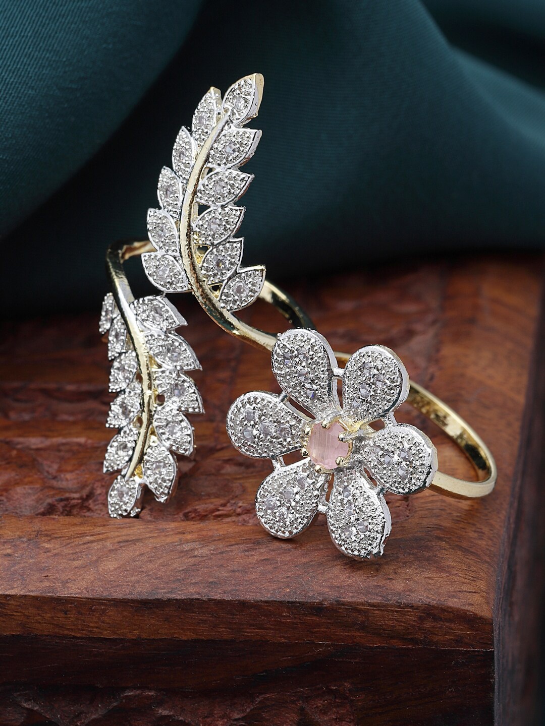 

ZENEME Gold-Plated American Diamond Studded Adjustable Finger Ring